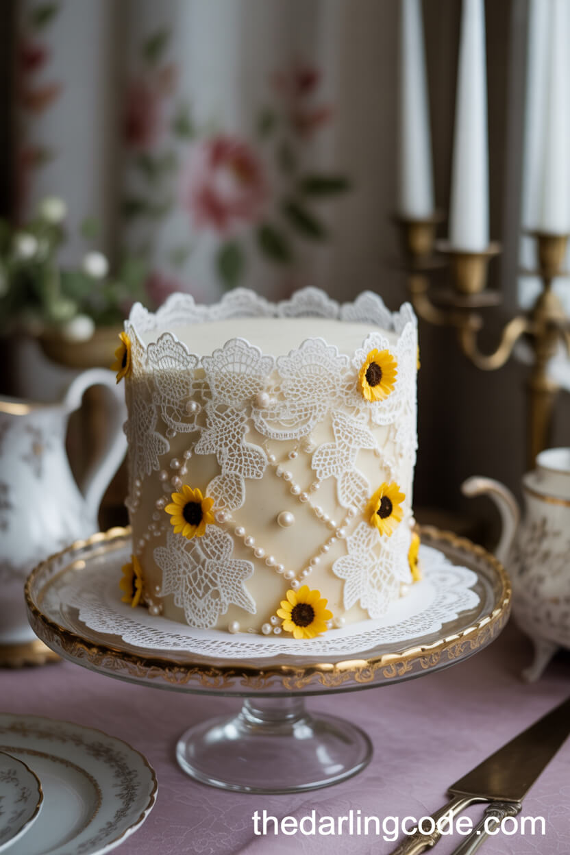 Edible Lace And Pearl Sunflower Wedding Cake