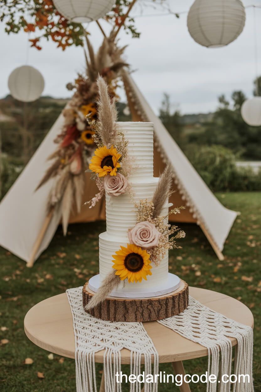 Boho Wedding Cake With Sunflowers, Pampas Grass, And Blush Roses