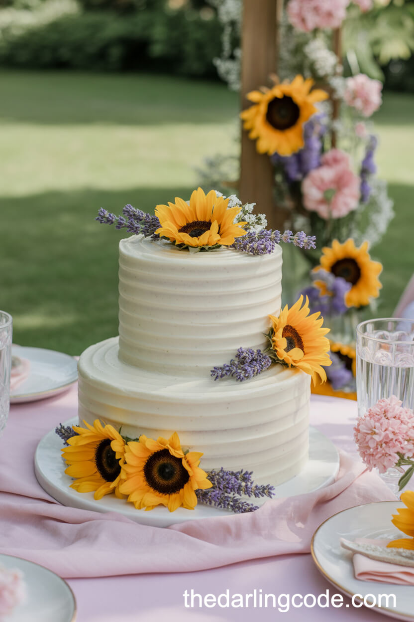 Buttercream Cake With Sunflowers And Fresh Lavender
