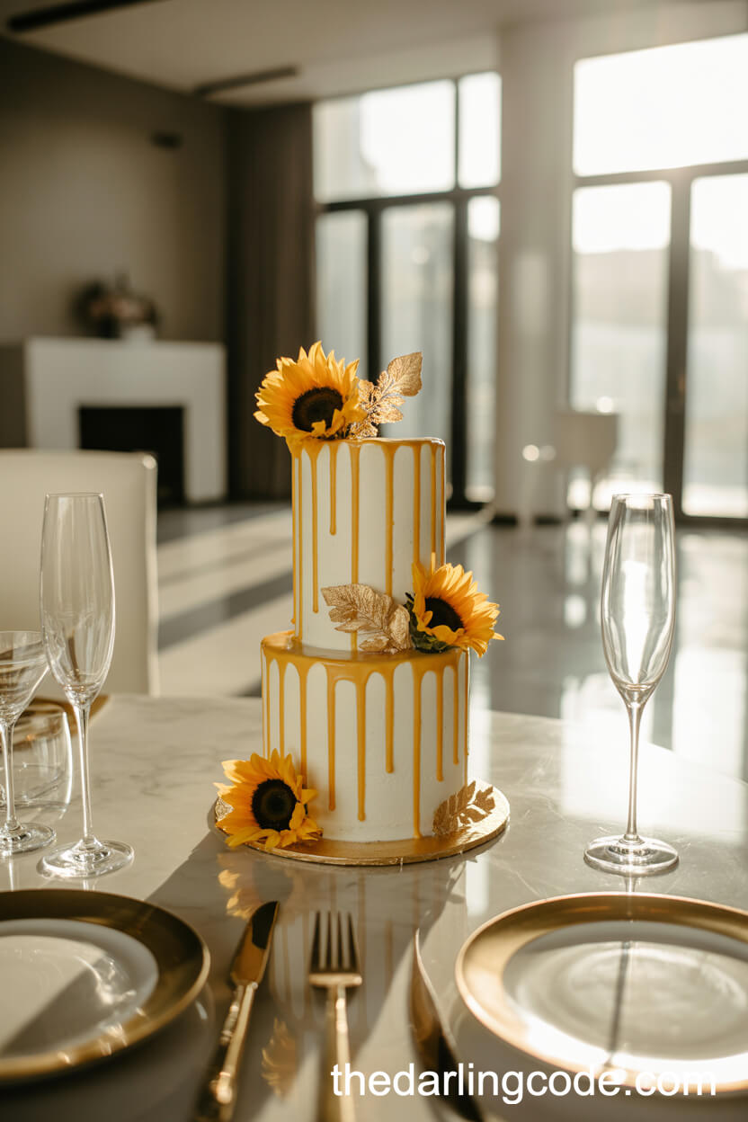 Modern Drip Cake With Sunflowers And Edible Gold