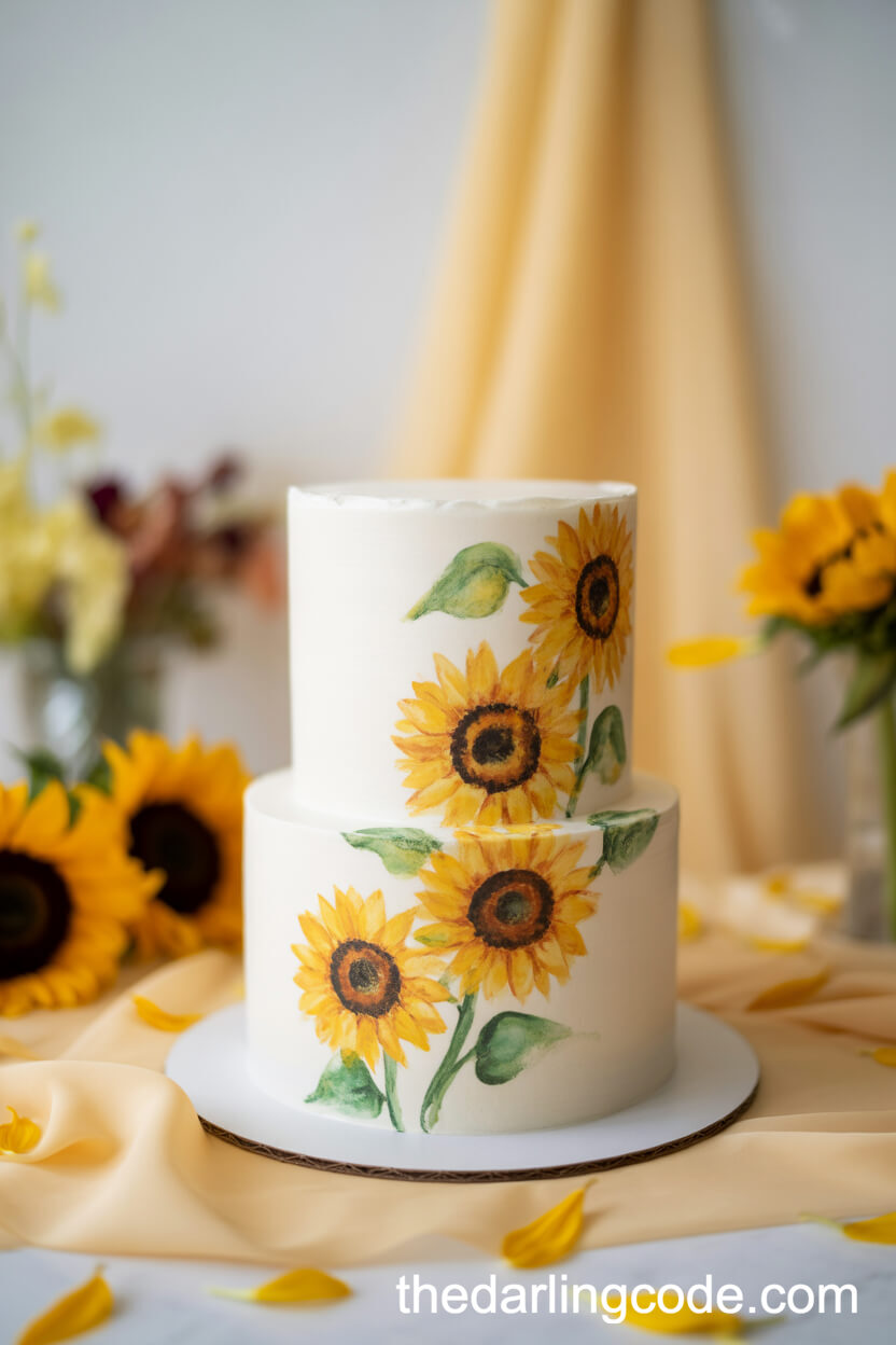 Watercolor Sunflower Motif Fondant Cake