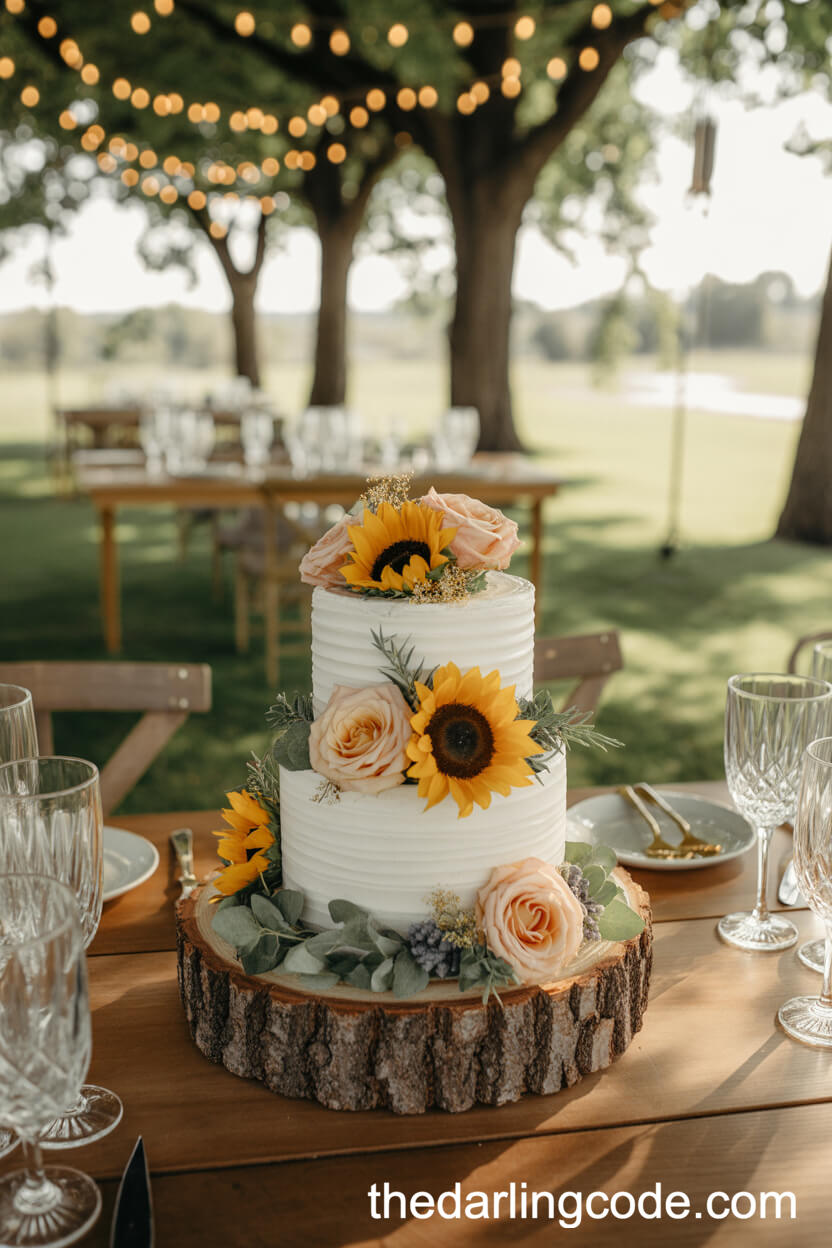 Sunflower And Peach Rose Picnic-Style Wedding Cake