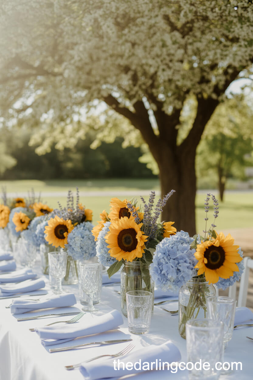 Sunflower And Hydrangea Spring Centerpieces
