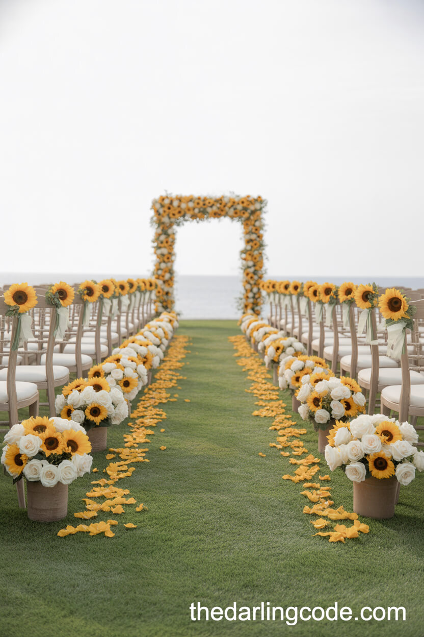 Sunflower And White Rose Aisle Arrangements