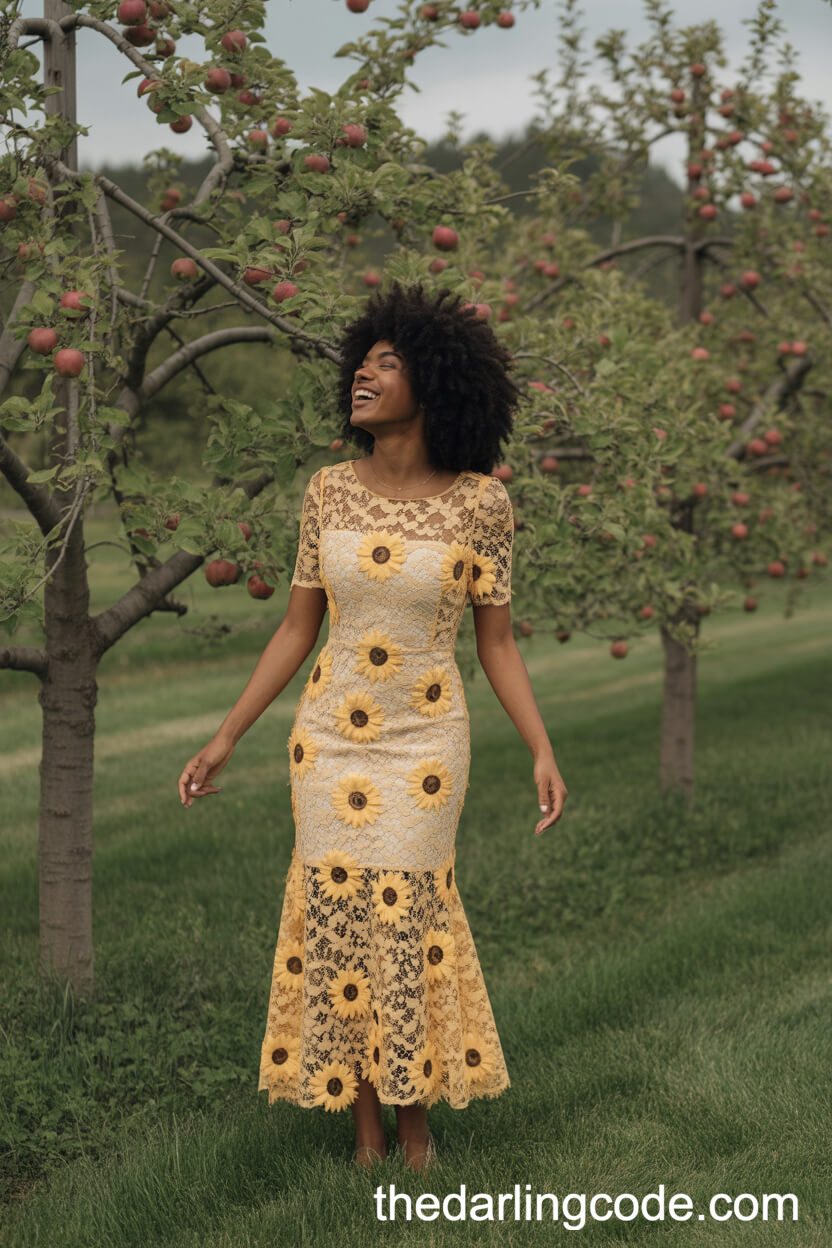 Fitted Trumpet Silhouette Wedding Dress With Sunflower Lace