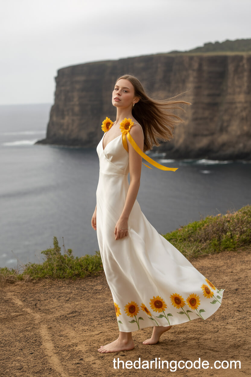 White Silk Wedding Dress With Sunflower Ribbon Straps