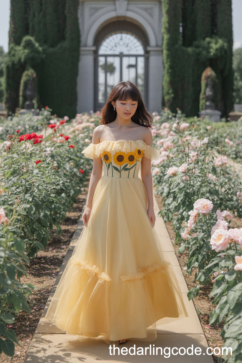 Flowing Off-Shoulder Tulle Wedding Dress With Sunflower Bodice