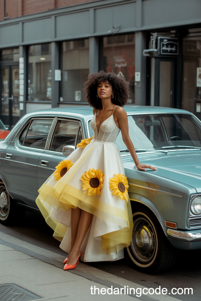 High-Low Organza Wedding Dress With 3D Sunflower Appliqués