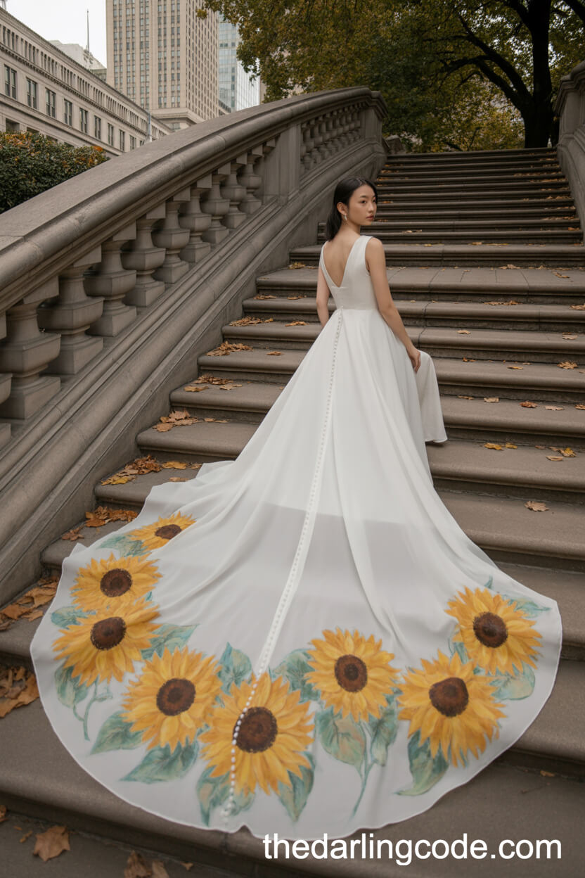Long Train Hand-Painted Sunflower Wedding Dress