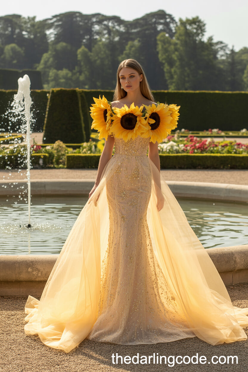 Couture Fitted Wedding Gown With Sunflower-Petal Organza Cape
