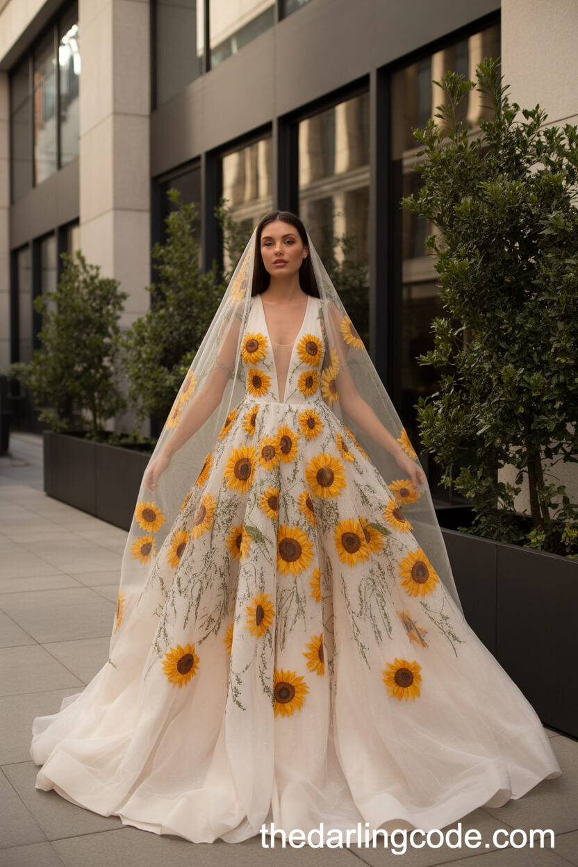 Dramatic Sunflower-Embroidered Gown With Elegant Veil