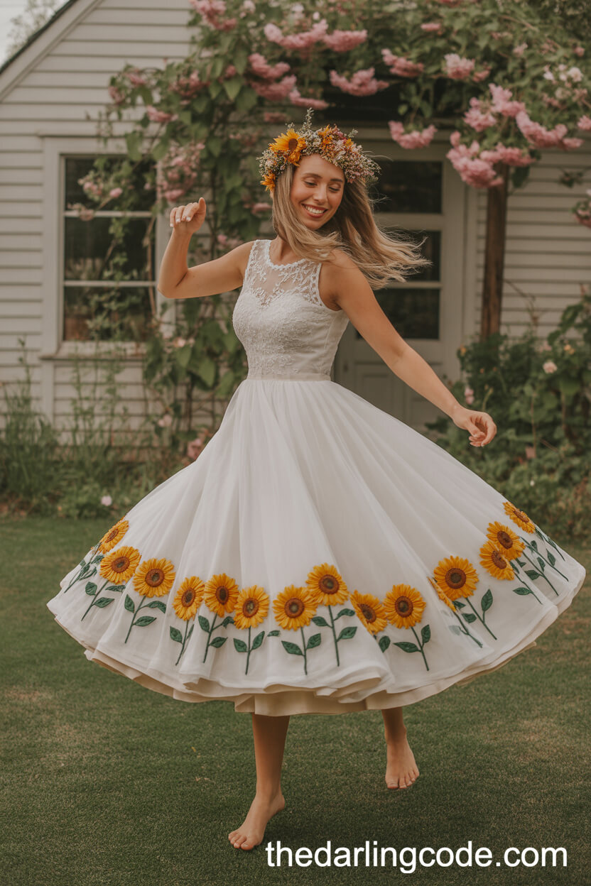 Whimsical Tea-Length Sunflower Wedding Dress