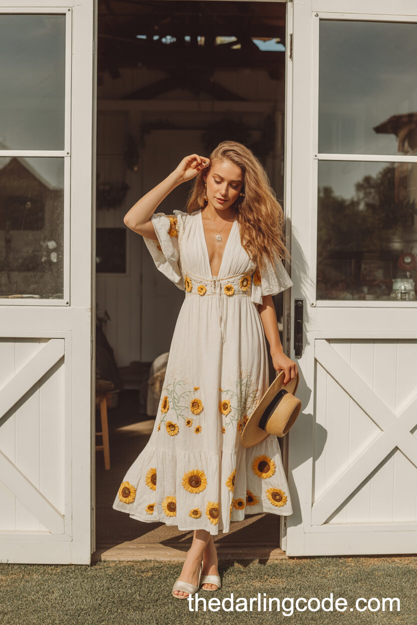 Boho-Chic Sunflower Embroidered A-Line Wedding Dress