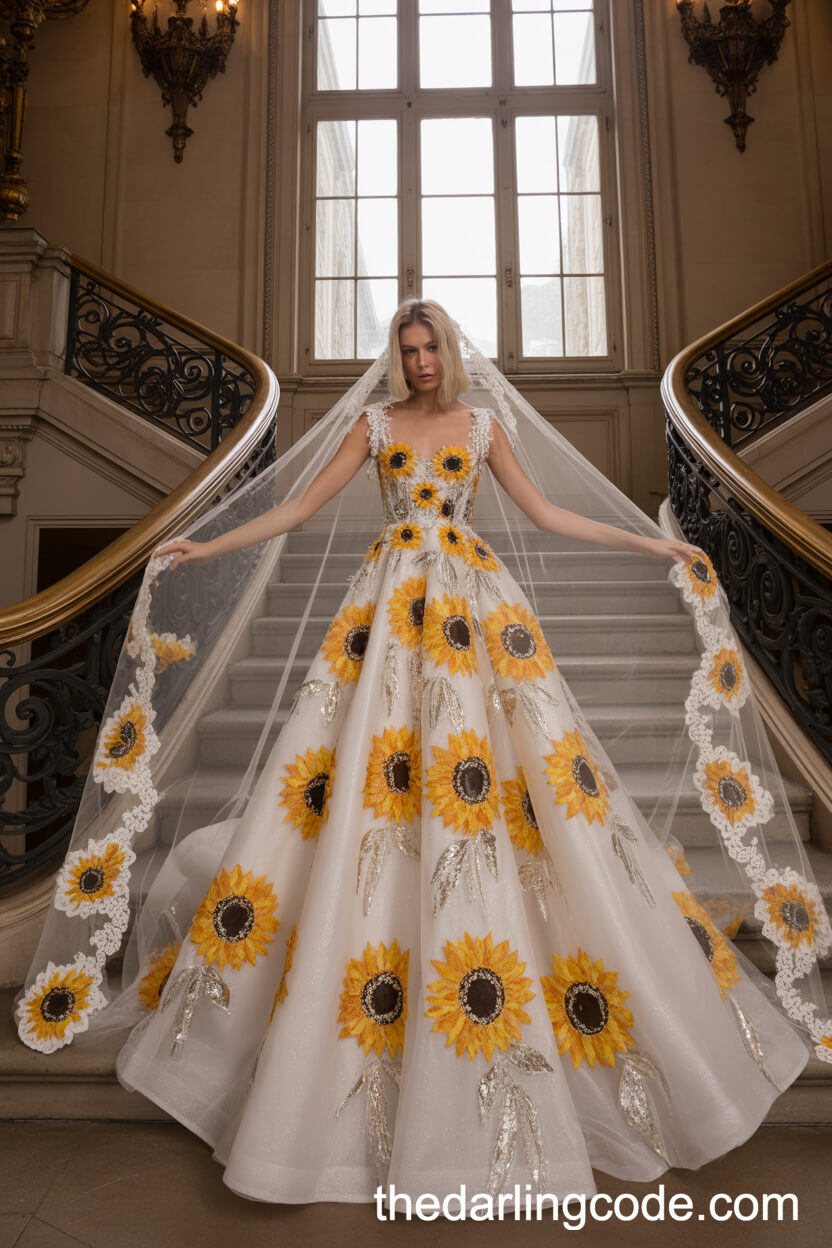 Opulent A-Line Wedding Gown With Oversized Crystal Sunflowers