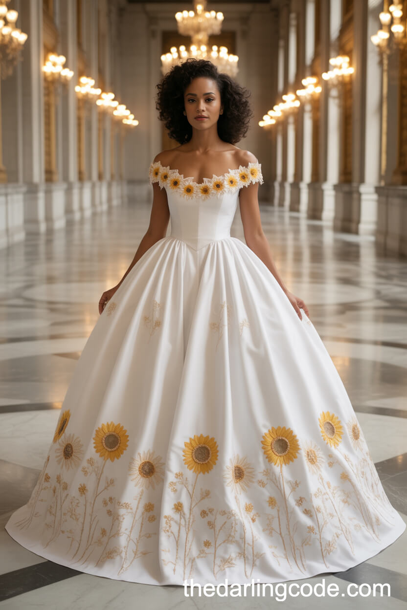 Elegant Royal Ball Gown With Gold Sunflower Embroidery