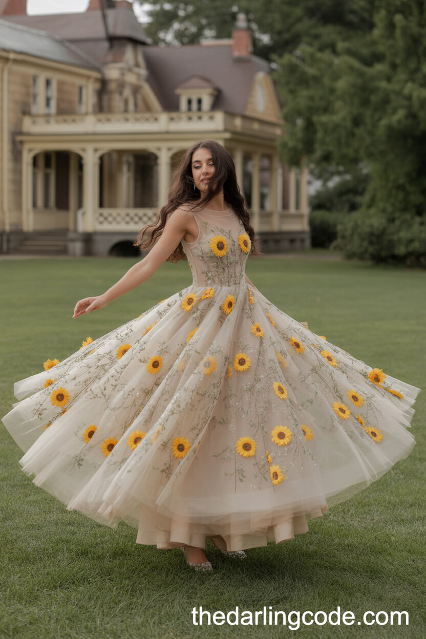Ethereal Sunflower Tulle Wedding Dress With Layered Skirt