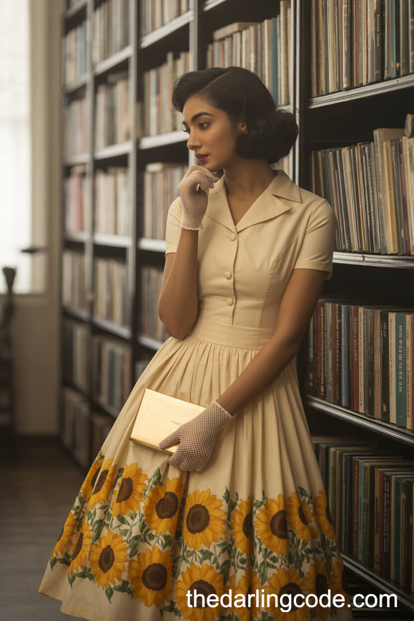 Vintage-Inspired Tea-Length Sunflower Print Wedding Dress