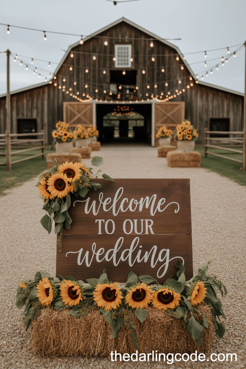 Rustic Barn Entrance Decor With Sunflowers