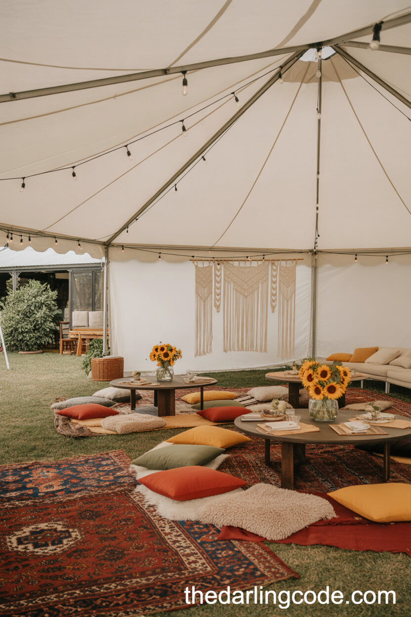 Boho Lounge Area With Sunflower Arrangements
