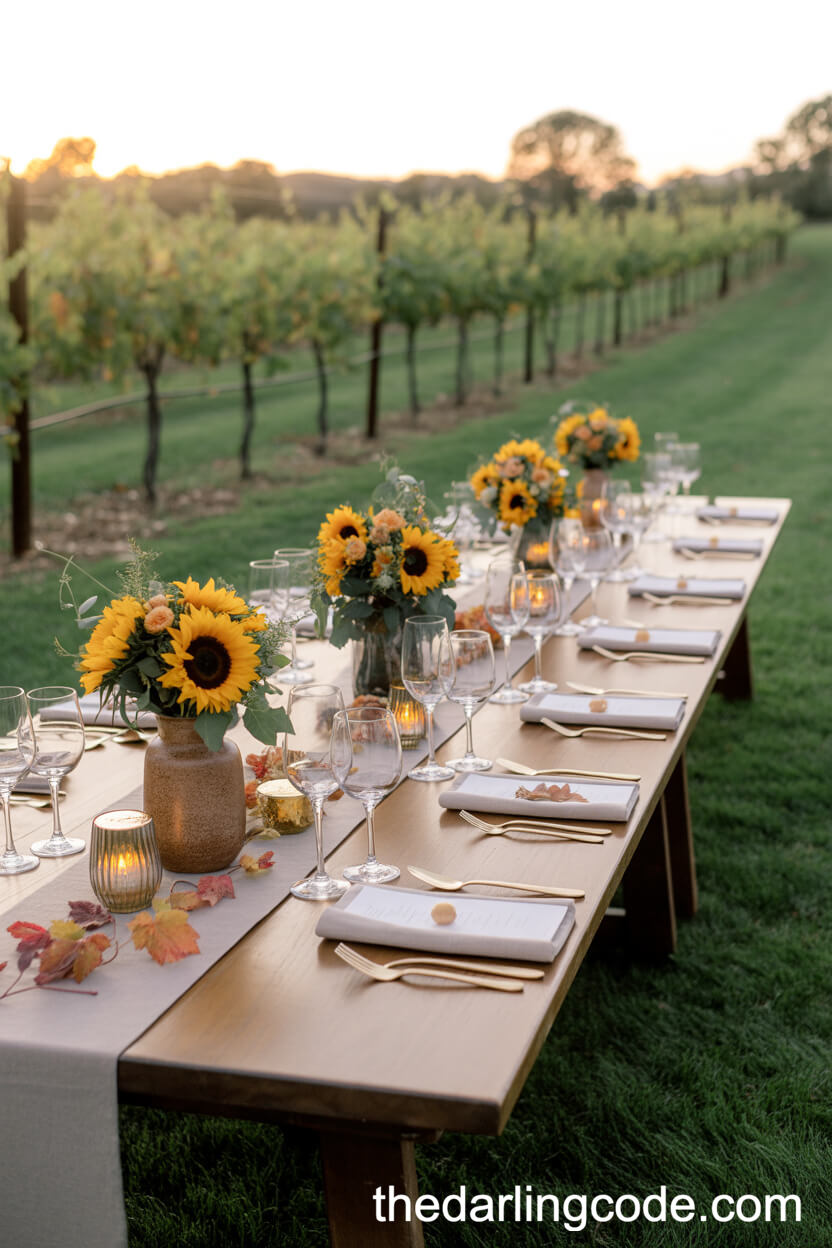 Vineyard Wedding Table With Sunflower Centerpieces