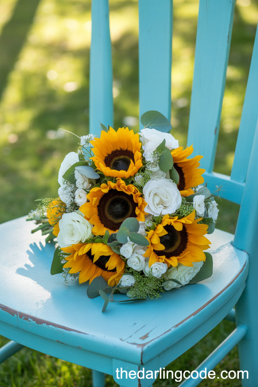 Bridal Sunflower Bouquet With White Roses