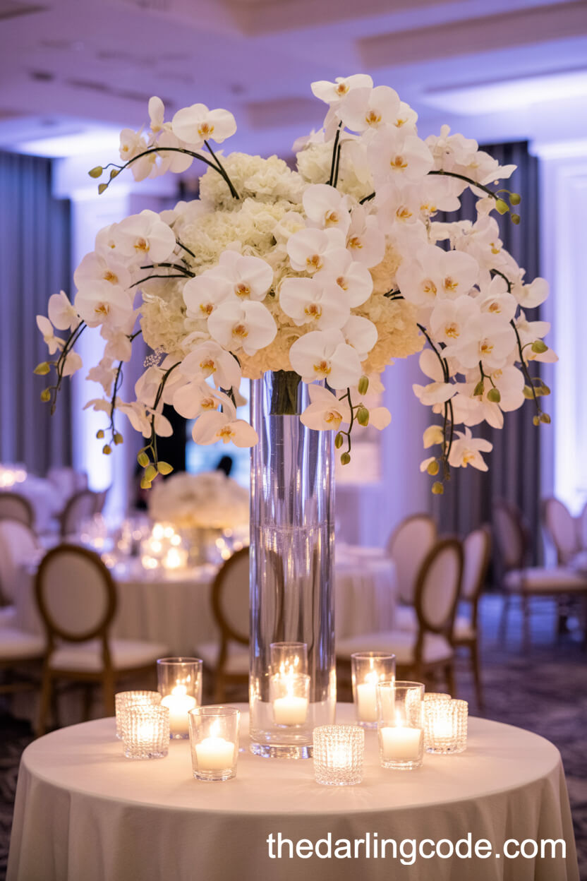 Cascading White Orchid Centerpiece In A Luxurious Glass Vase