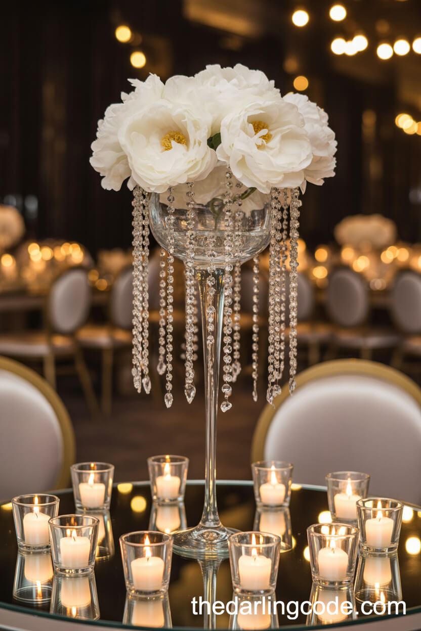 Crystal-Adorned Tall Candle Holder With Floating Peonies