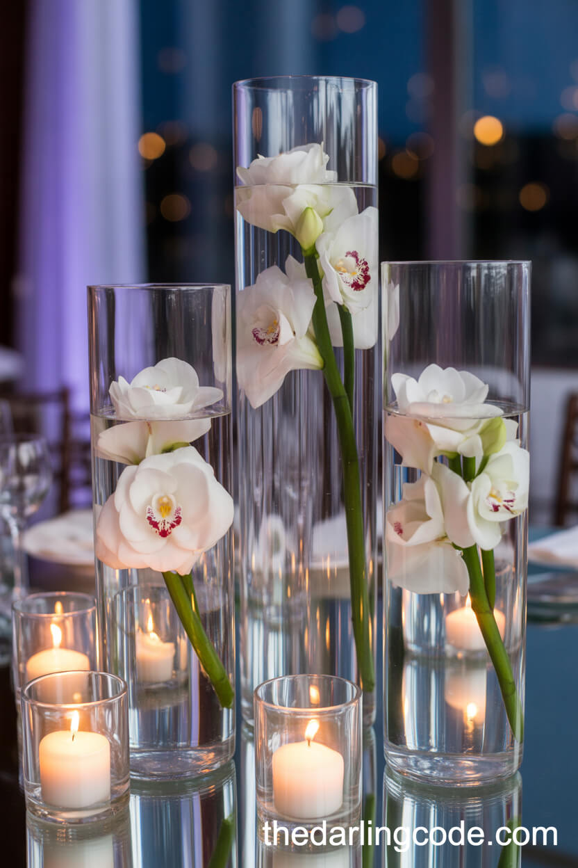 Water-Filled Cylinders With Floating Gardenias And Submerged Orchids