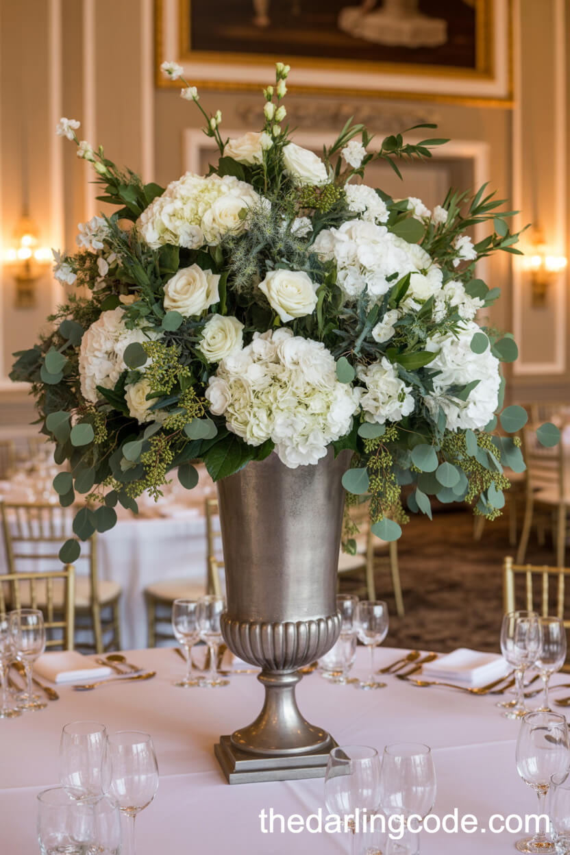 Classic Silver Urn Full Of White Hydrangeas And Roses