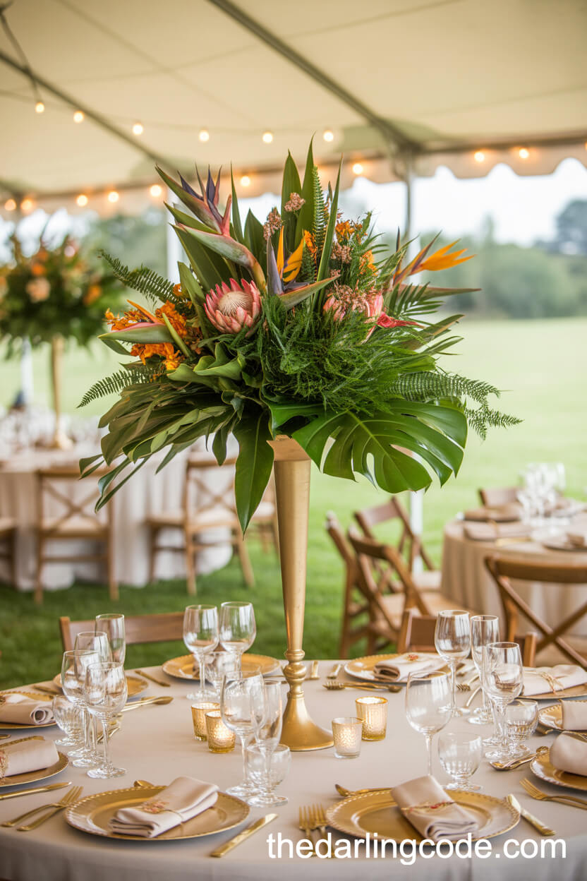 Tropical Flower Centerpiece In A Tall Gold Pedestal Vase