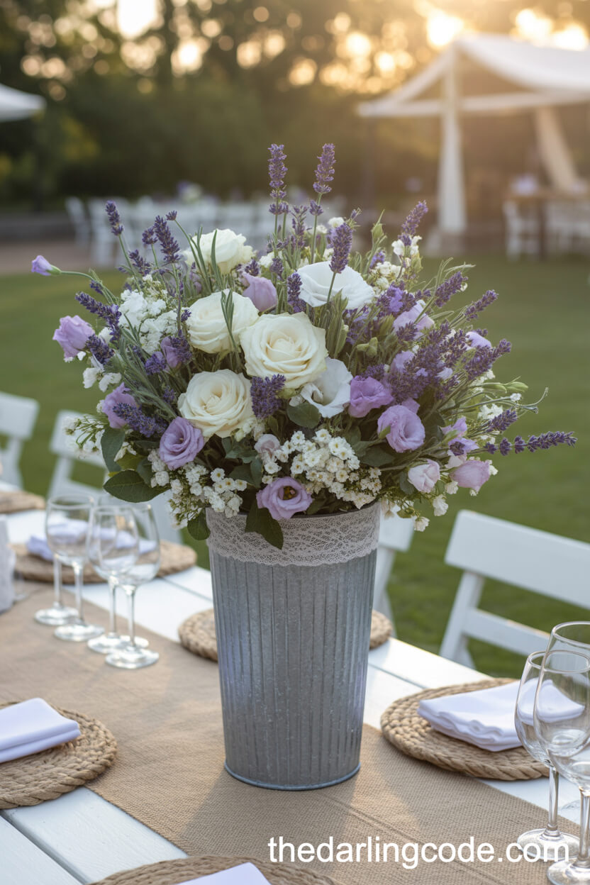 Rustic Tall Vase With French Lavender, White Roses, And Lisianthus
