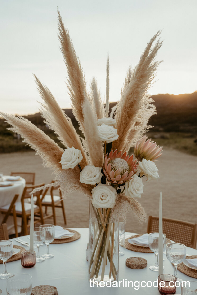 Boho-Chic Pampas Grass And Protea Centerpiece In A Clear Vase