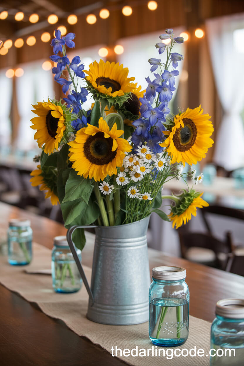 Rustic Metal Pitcher With Tall Sunflowers And Blue Delphiniums