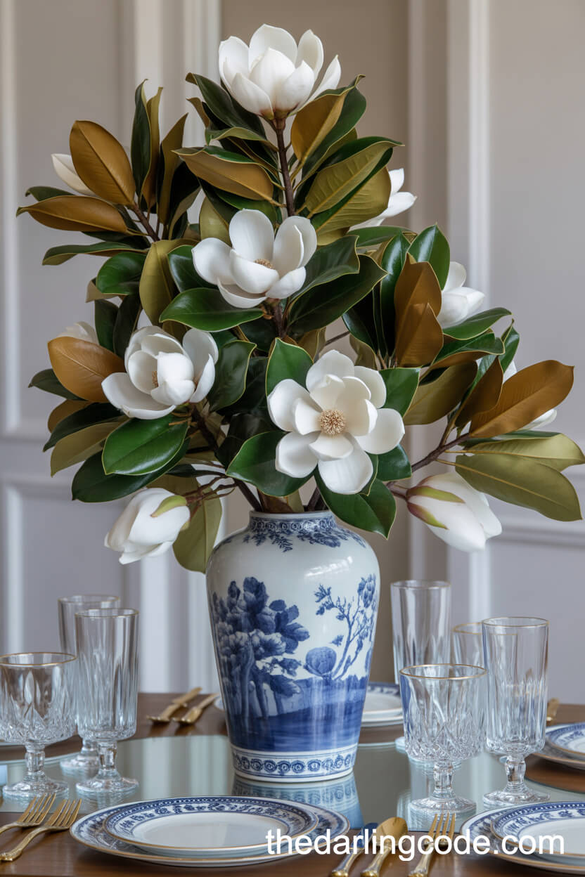 Elegant Magnolia Blossoms In A Tall Blue-And-White Porcelain Vase