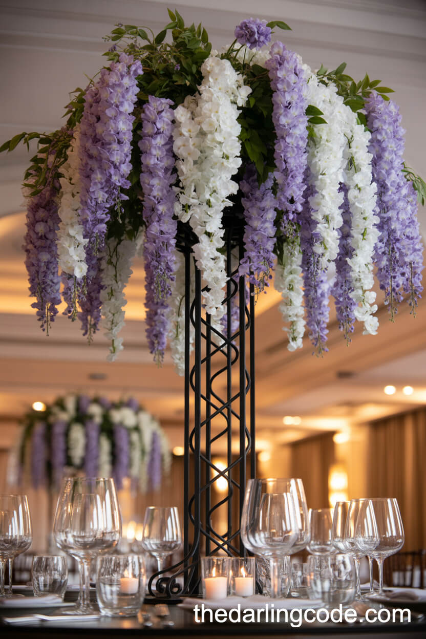 Dramatic Wisteria Blooms Cascading On A Tall Wrought Iron Stand
