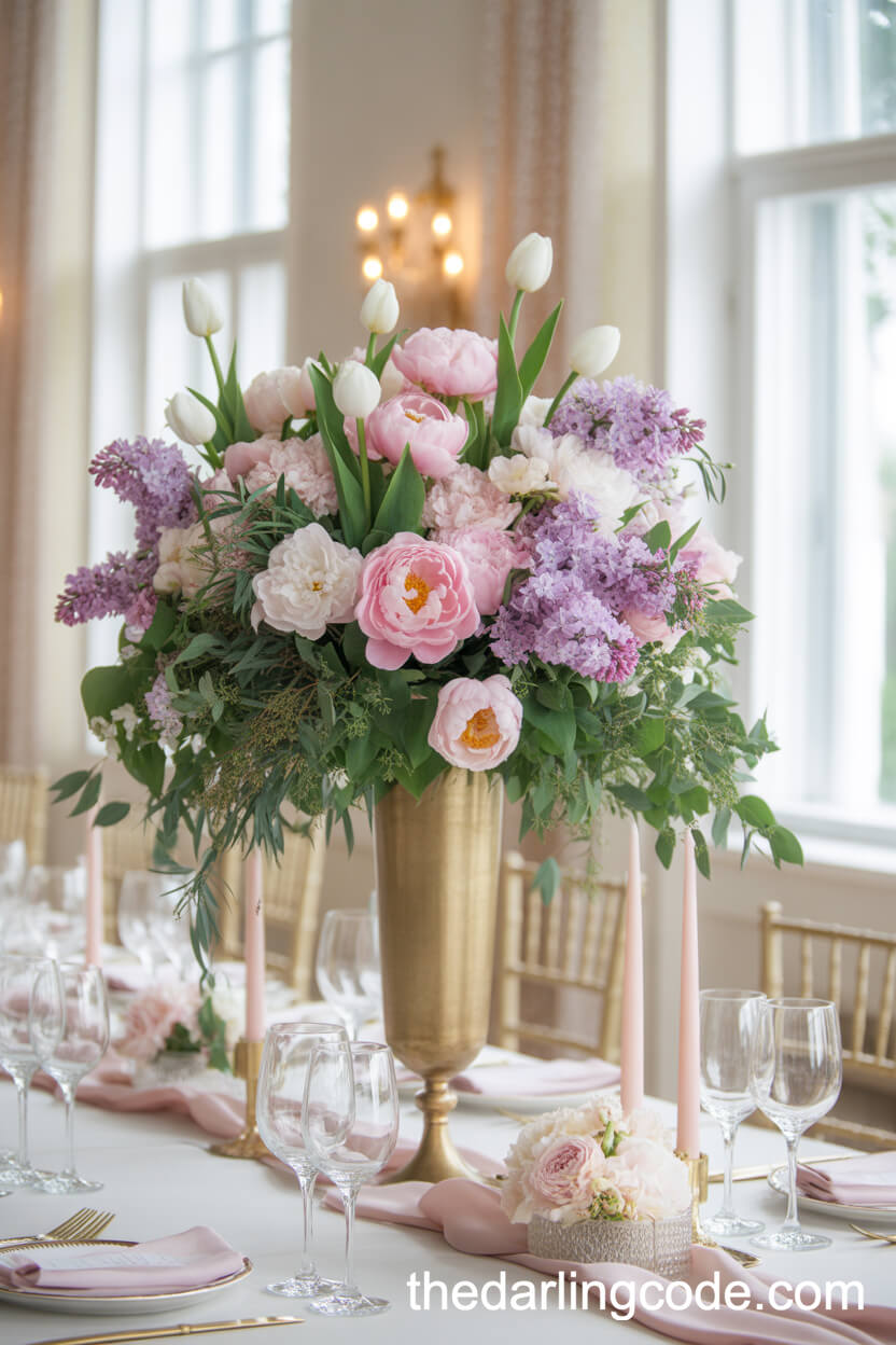Towering Pink Peonies And Tulips In A Golden Trumpet Vase