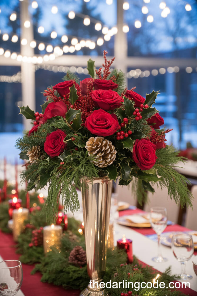Festive Silver Vase With Red Roses, Holly, And Pinecones