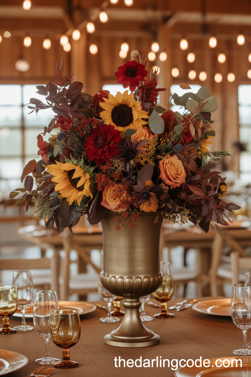 Autumnal Tall Bronze Urn With Dahlias, Sunflowers, And Roses