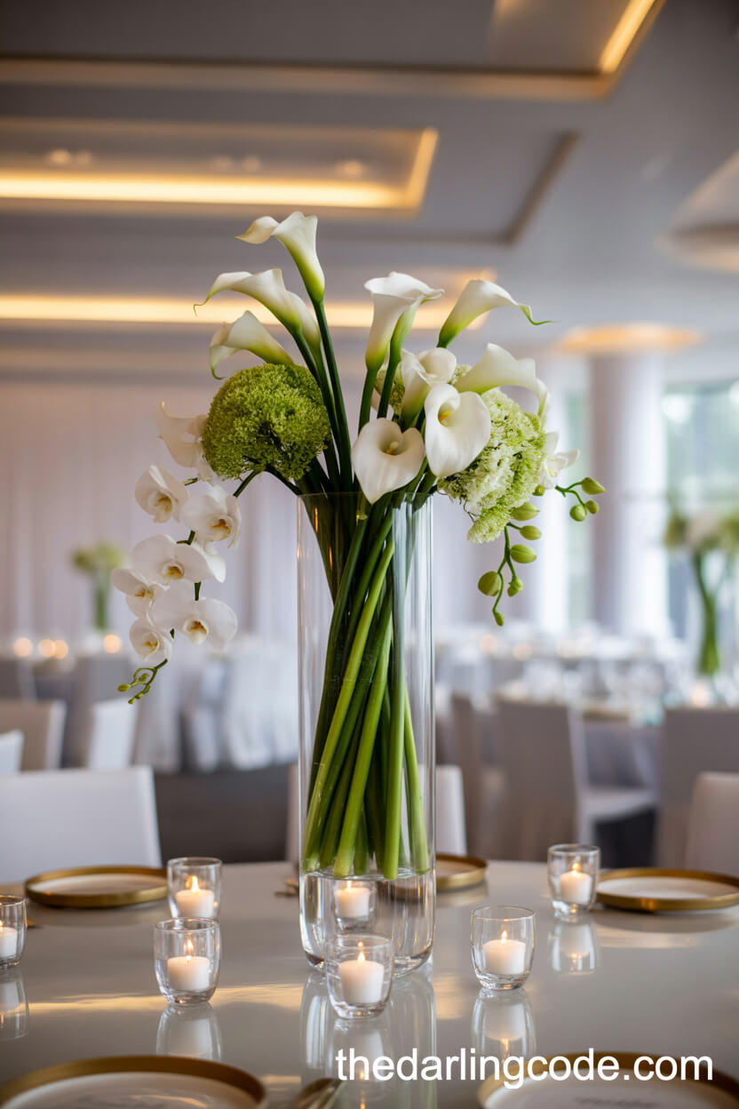 Modern Clear Acrylic Vase With White Calla Lilies And Green Orchids