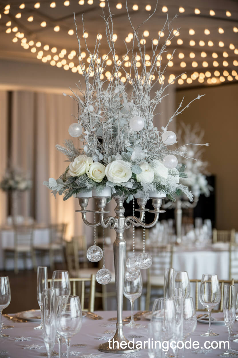 Wintry Silver Candelabrum With Frosted Branches And Glittering Roses