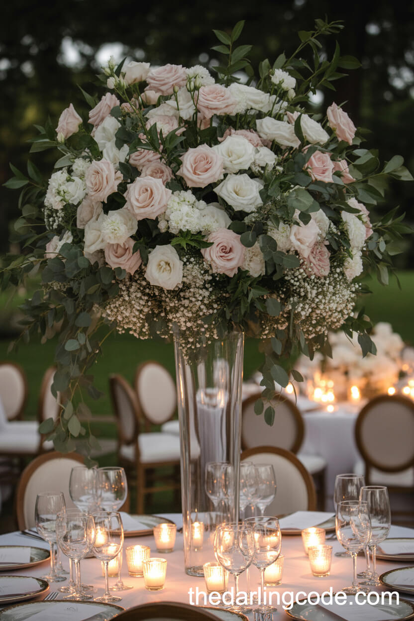 Blush And Ivory Rose Centerpiece With Lush Greenery