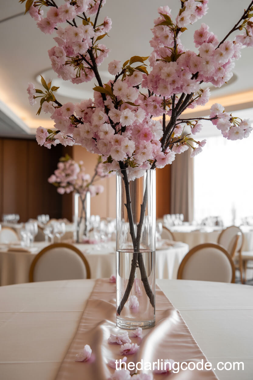 Cherry Blossom Branches In A Tall Slender Vase