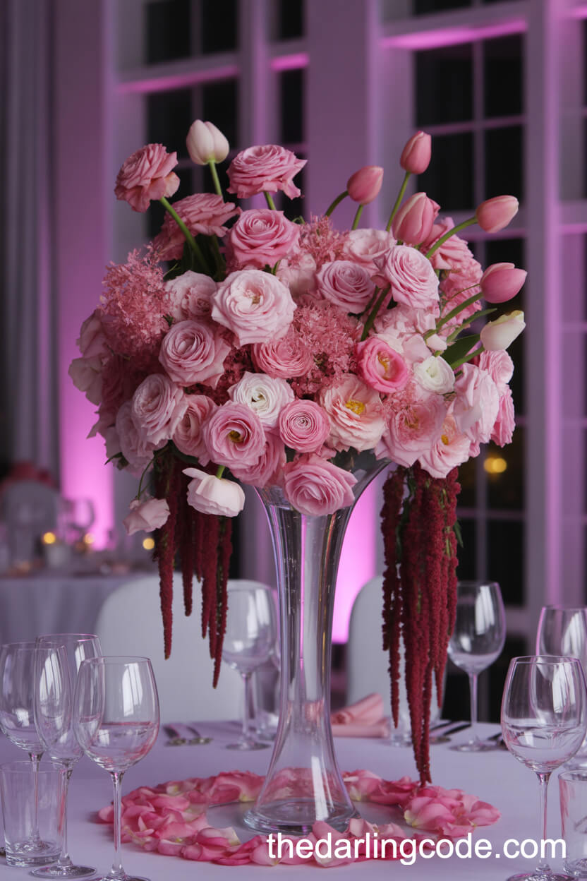 Dramatic Pink Rose And Ranunculus Centerpiece With Hanging Amaranthus