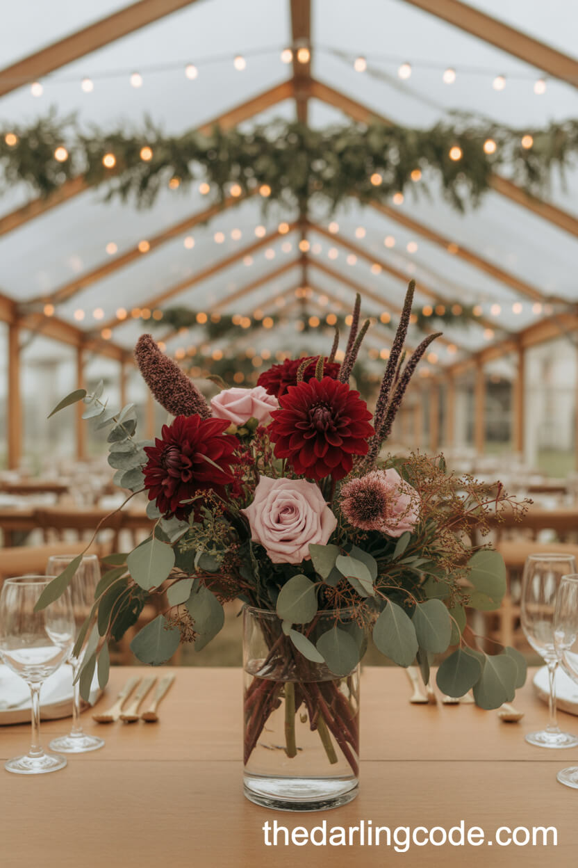 Burgundy Dahlias And Blush Roses In A Tall Glass Cylinder