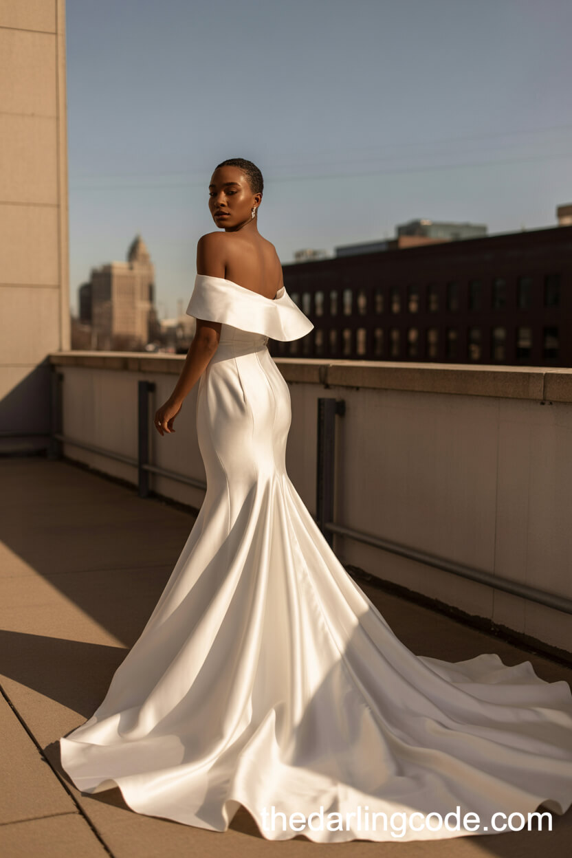 Off-The-Shoulder Satin Wedding Dress With Train