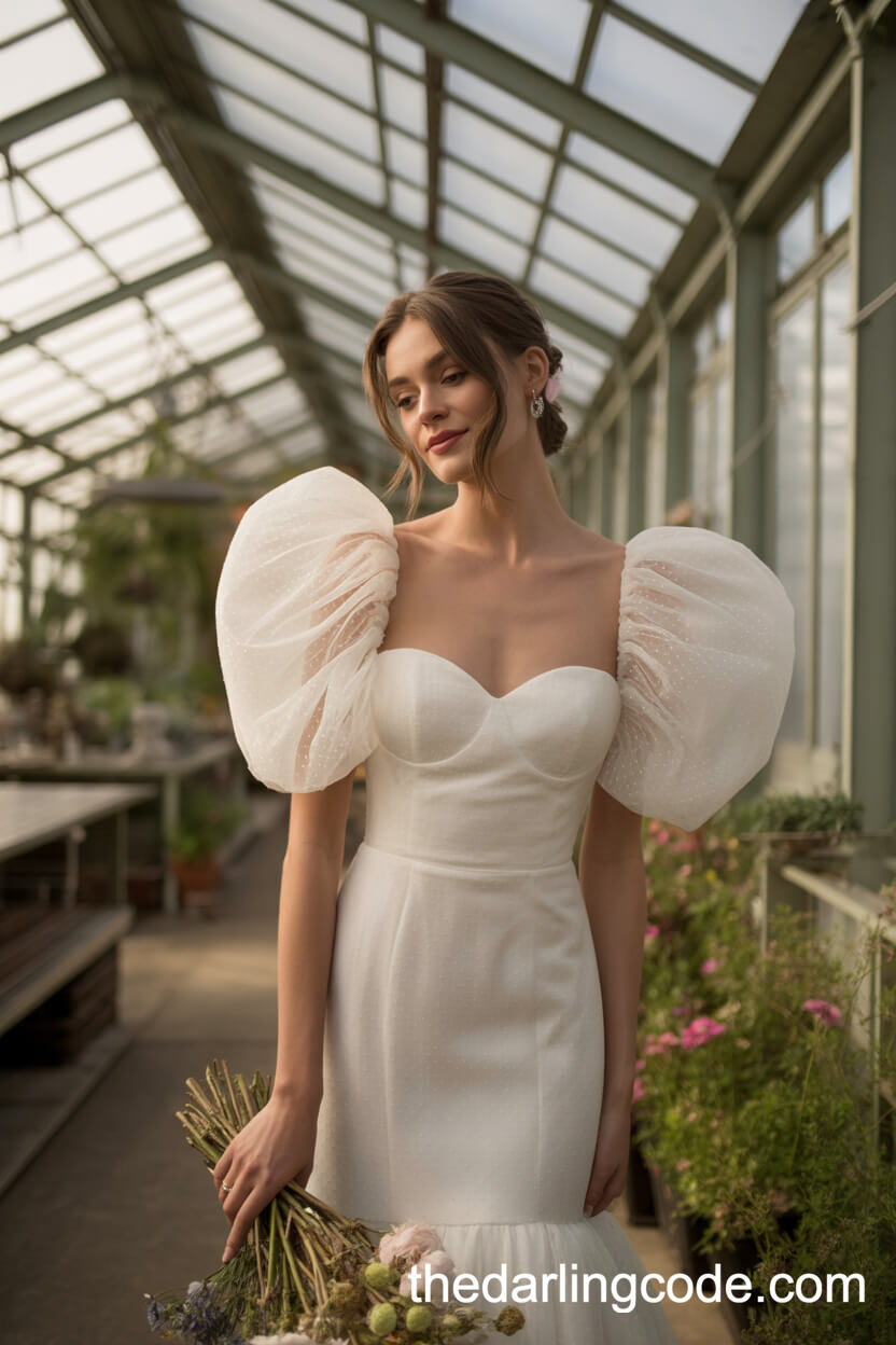 Fitted Gown With Dramatic Sheer Puff Sleeves