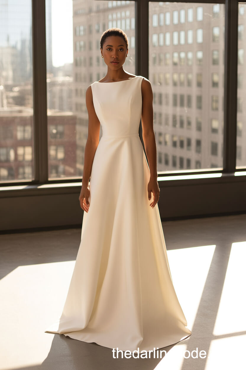 Minimalist White Crepe A-Line Gown
