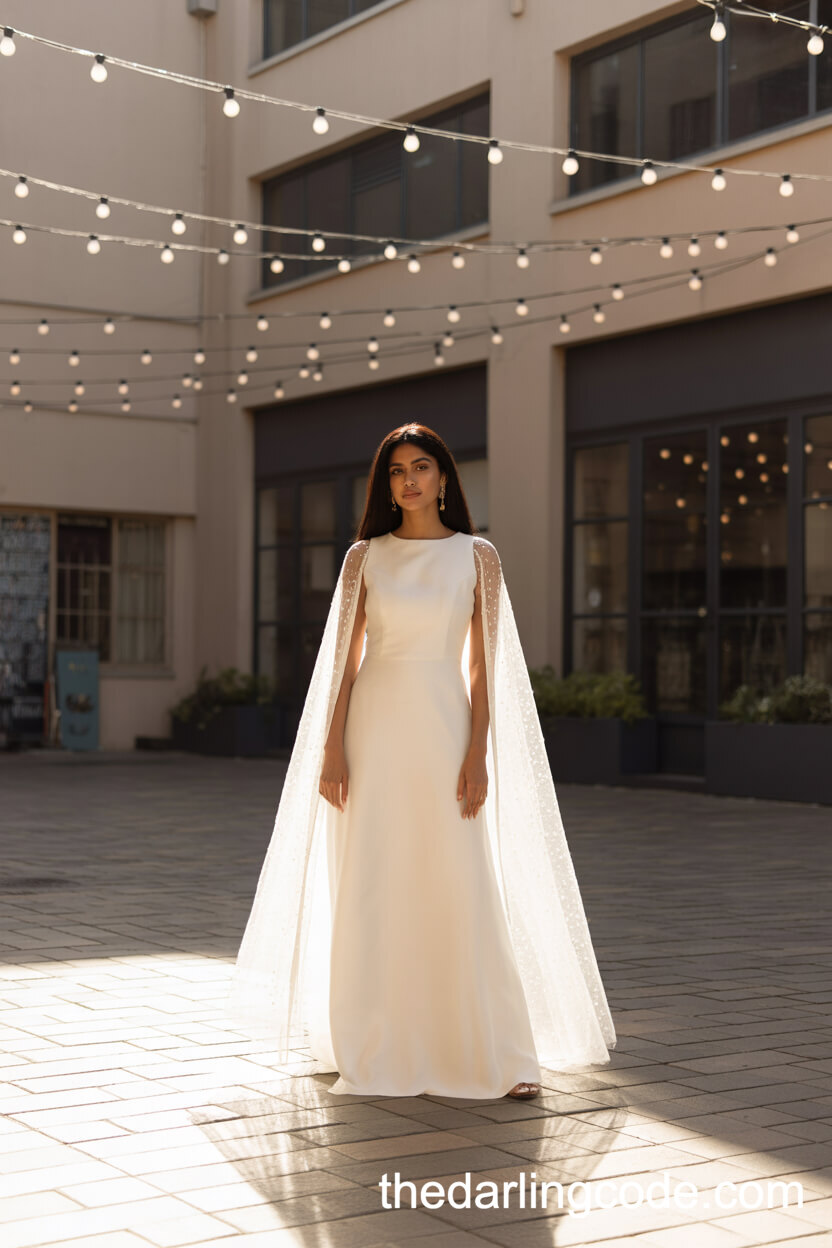 Simple Sheath Dress With Dramatic Bridal Cape