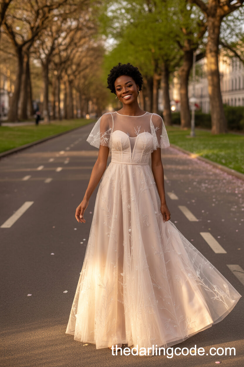 Ethereal Sheer Tulle Floral Embroidered Wedding Dress