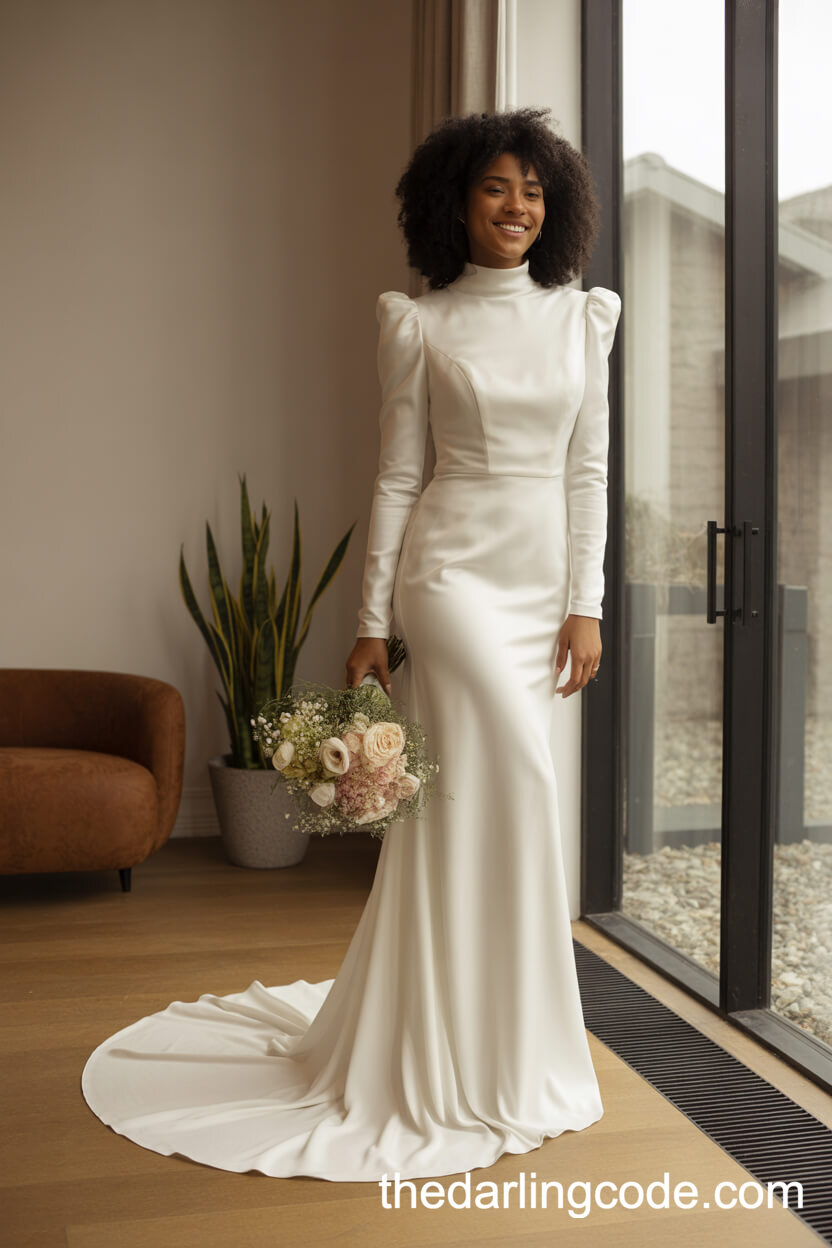 High-Neck Fitted Crepe Wedding Dress